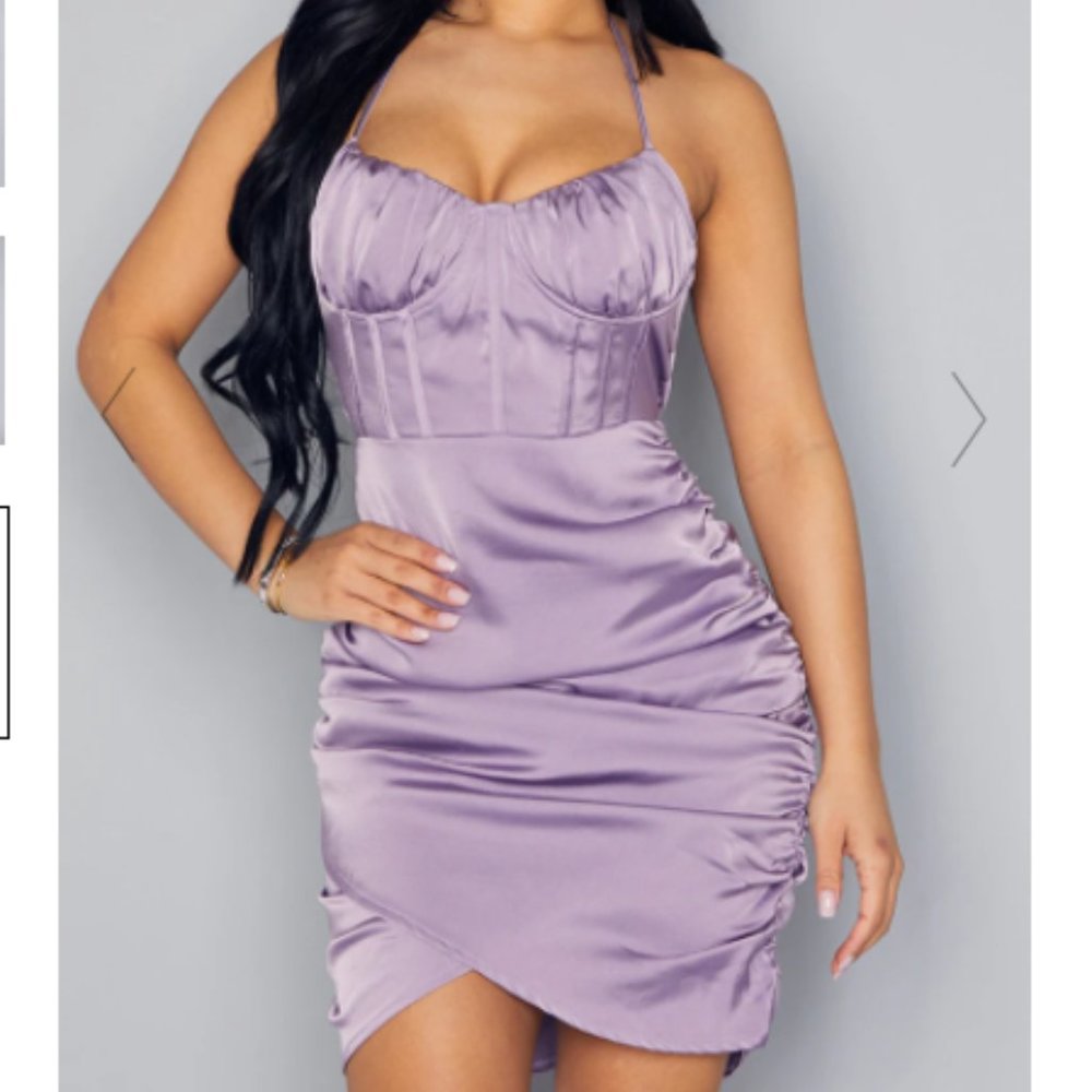 Purple Satin Cup Detail Ruched Bodycon Dress Prettylittlething